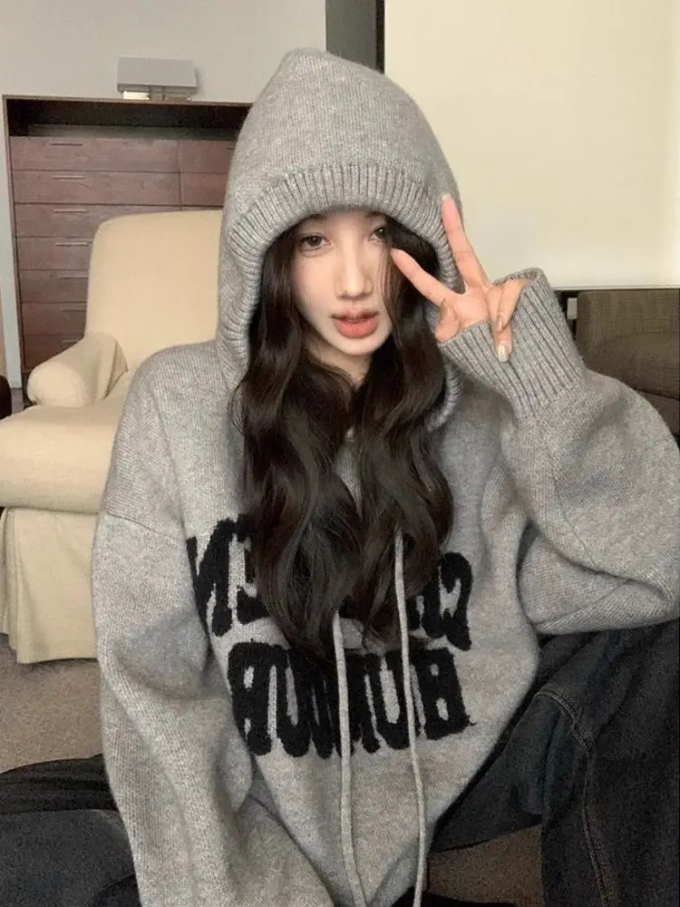 Laid-back Style Letter Thickened Hoodie Women's Autumn New Vintage Loose Long Sleeve Knitted Top INS Polyester Soft Knitted S...