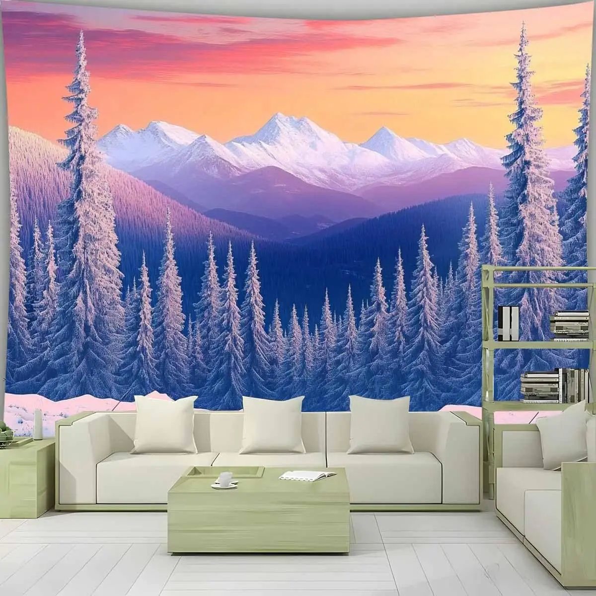 Winter Landscape Tapestry Wall Hanging, Snow Mountain Pine Fir Forest Sunrise Premium Tapestries for Dorm Living Room Bedroom
