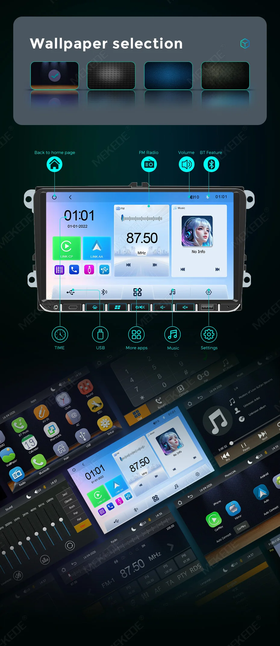 MEKEDE EU Lager 7/9 Zoll Linux-System Kabelloses CarPlay Android Auto 2Din Universelles GPS-Navigations-Autoradio für Volkswagen Universal VW Golf 5 6 Polo Passat B6 B7 CC Skoda Jetta MP5-Player SWC BT WIFI USB FM RDS Host-Einheit Stereo-Multimedia-Player – Detail 21