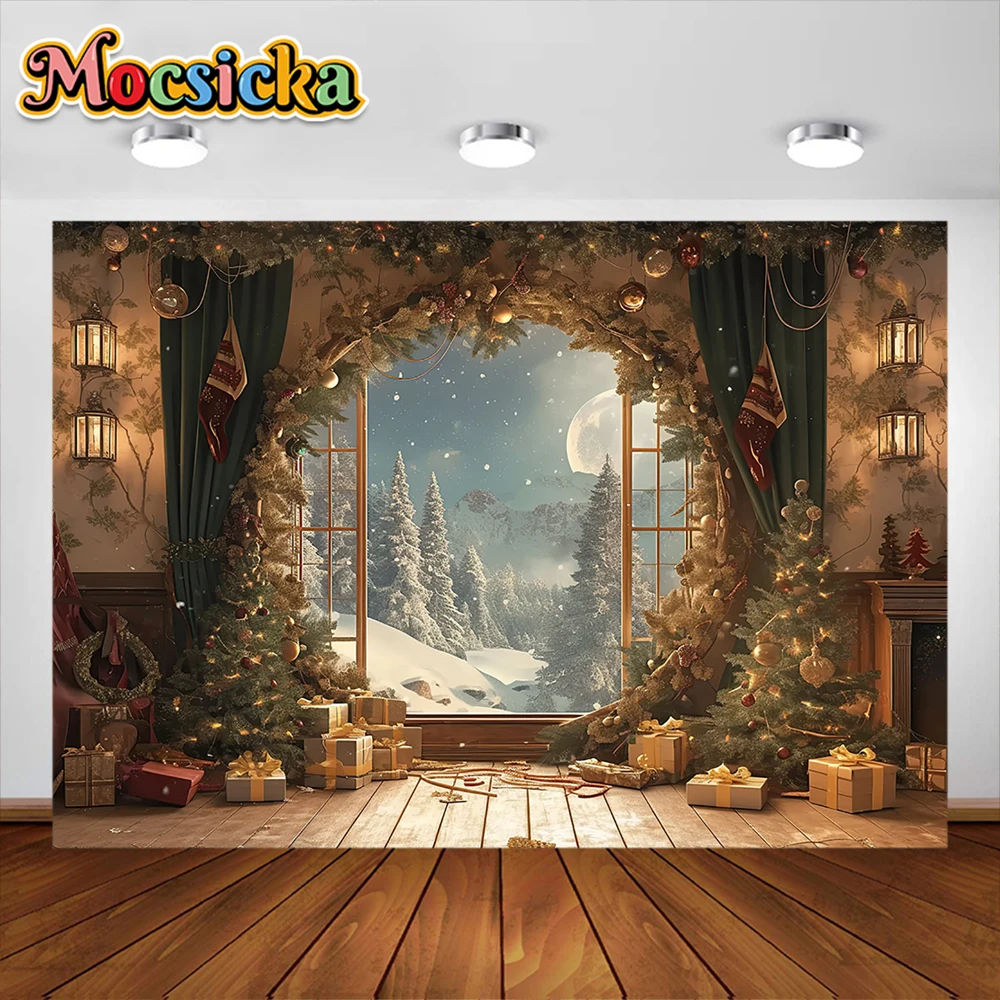 خلفية التصوير الفوتوغرافي تحت عنوان عيد الميلاد ، شجرة عيد الميلاد ، نافذة القمر ، ديكور الحفلات ، صورة عائلية ، خلفية صورة للاستوديو ، الأطفال