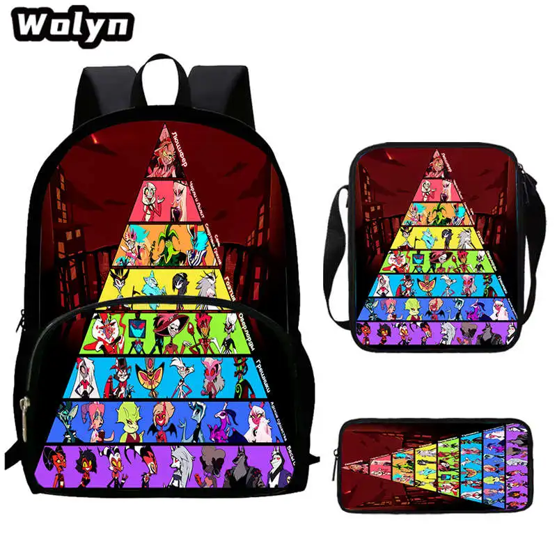 

3pcs Set School Backpack Hazbin Anime Hotel Prints with Shoulder Bags Pencil Case ,Cartoon School Bags for Boys Girls Best Gift