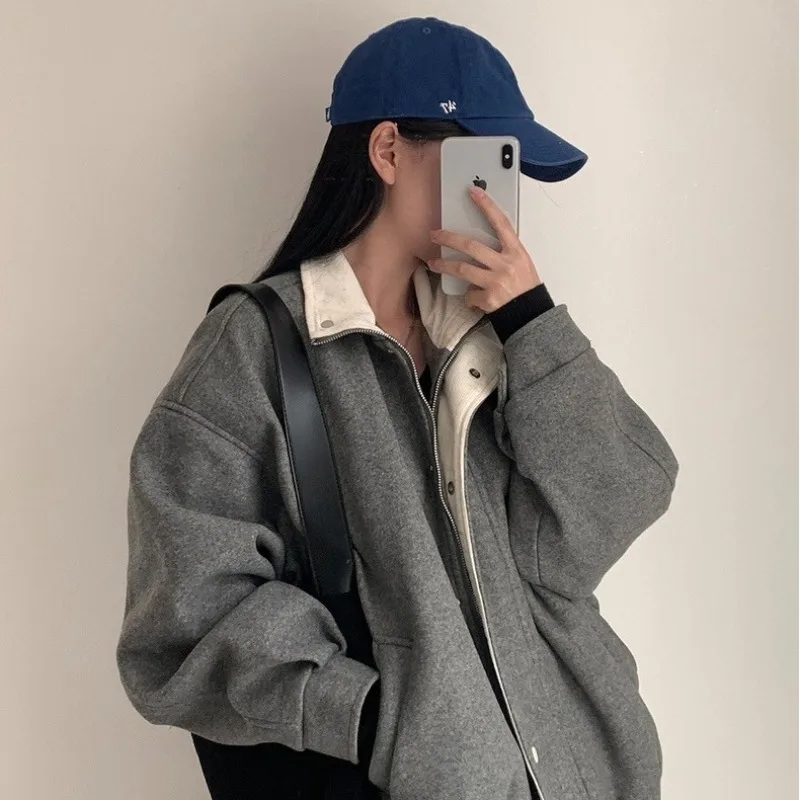 Haut gris à épaules dénudées pour femme, Chic, nouveau Style français rétro, col ample, manteau en laine, vêtements féminins, hiver 2025