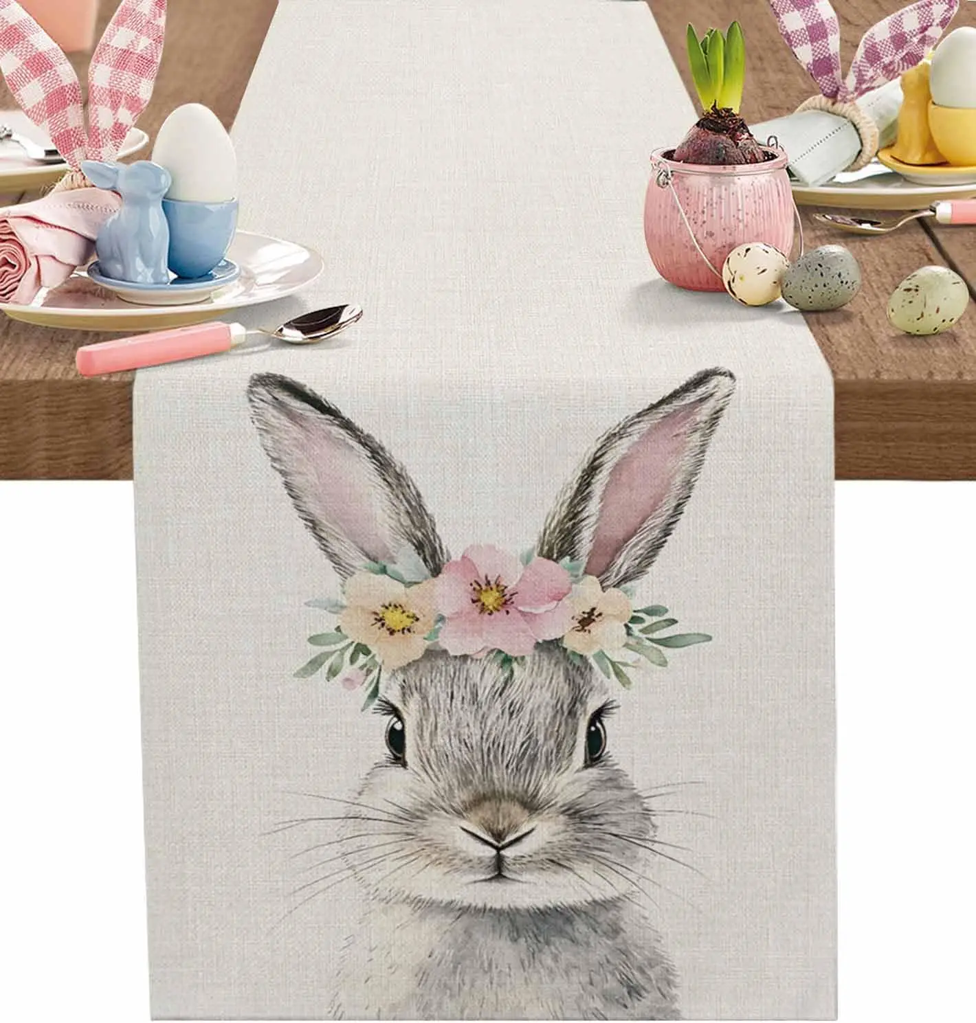 

Пасхальный кролик, льняная дорожка с цветочным принтом, декор для праздничной вечеринки, моющаяся дорожка для кухонного обеденного стола в фермерском доме, пасхальные украшения