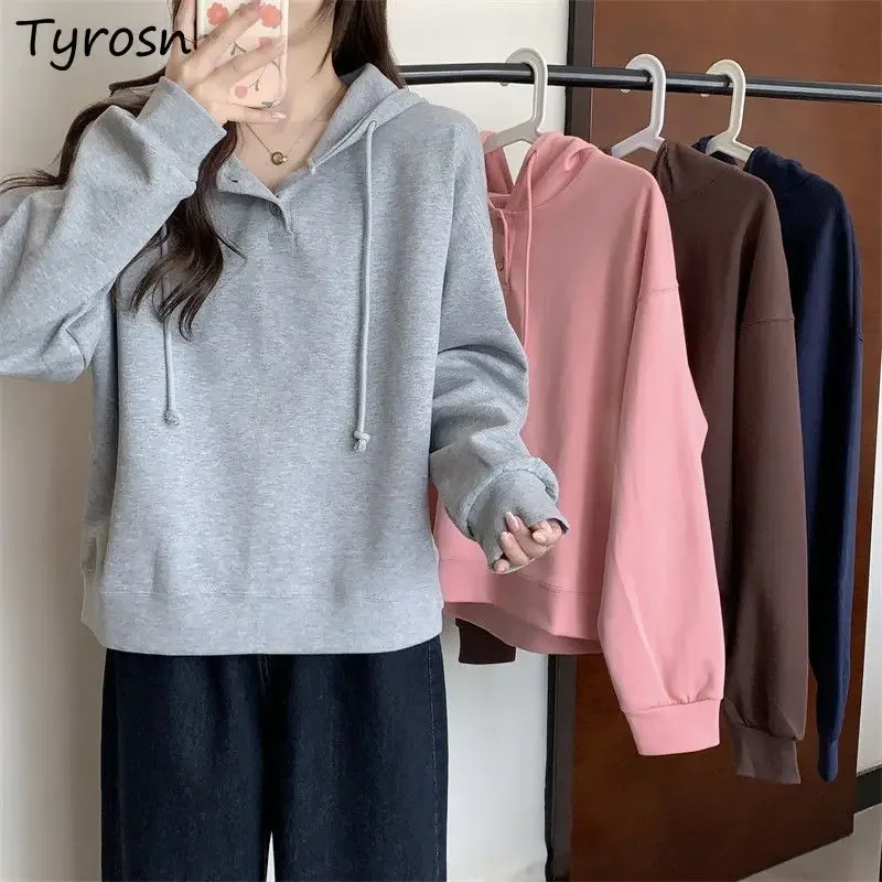 Hoodies Women Minimalist Pure Preppy Students Casual All-match Loose Basic Classic Korean Style Stylish Daily Streetwear Autumn