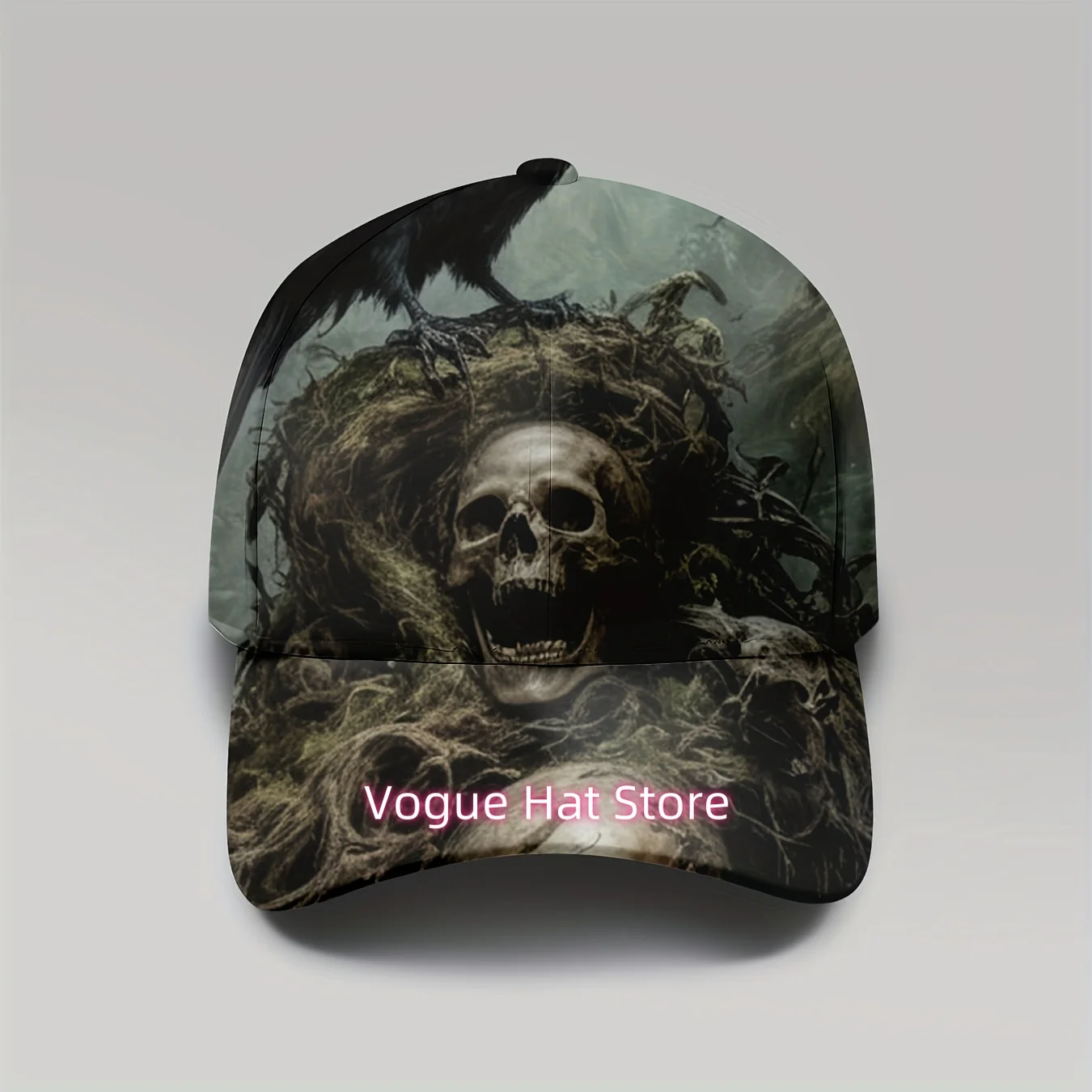 1pc Gothic Skull & Raven Printed Baseball Cap for Men & Women - Adjustable Blocking Full-Body Bat Wing & Skull Print, Lightweigh
