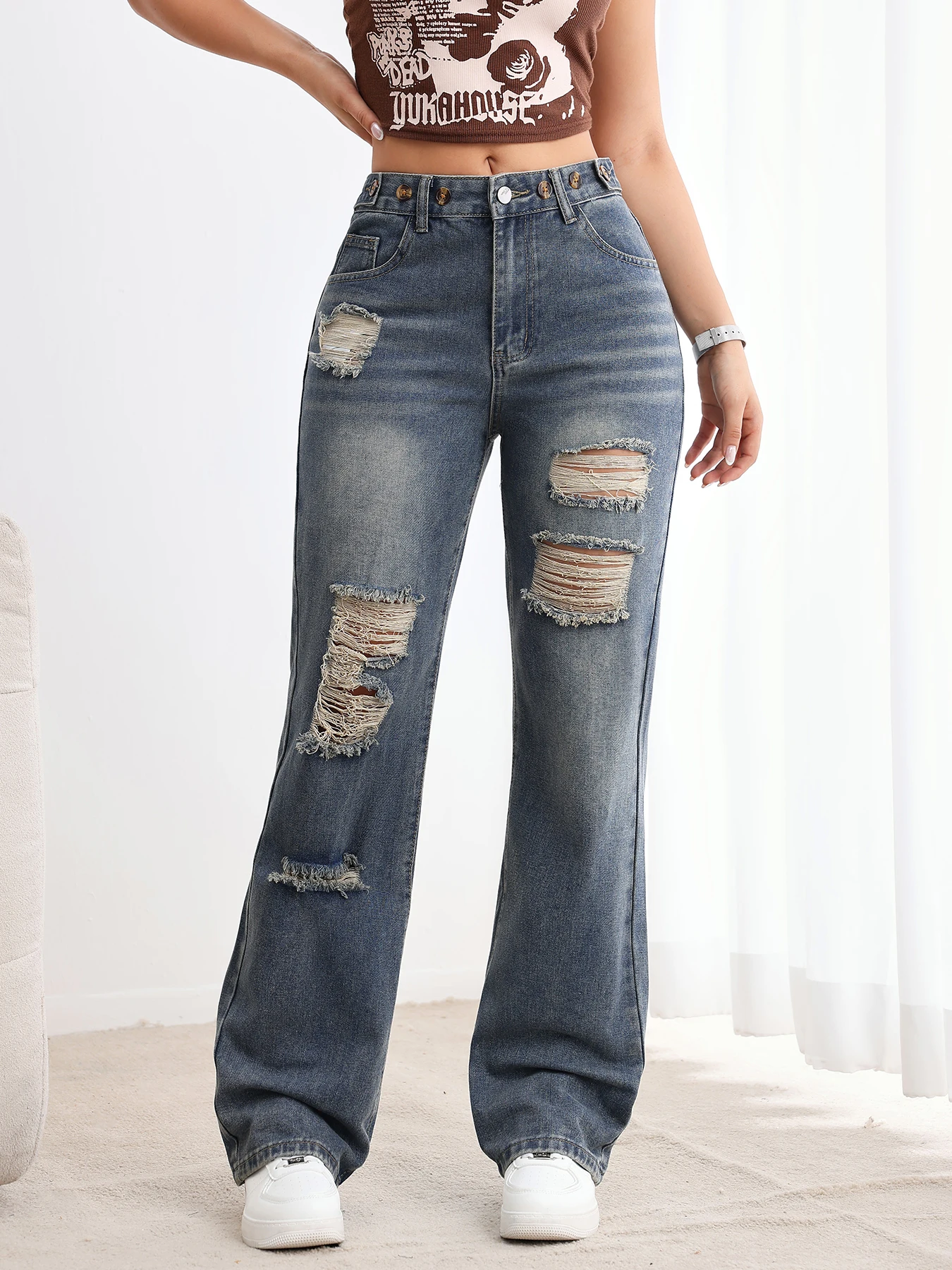 

Fahion Women's Ripped Jeans High Waist Straight Fit Denim Pants Casual Wide Leg Jeans Trousers