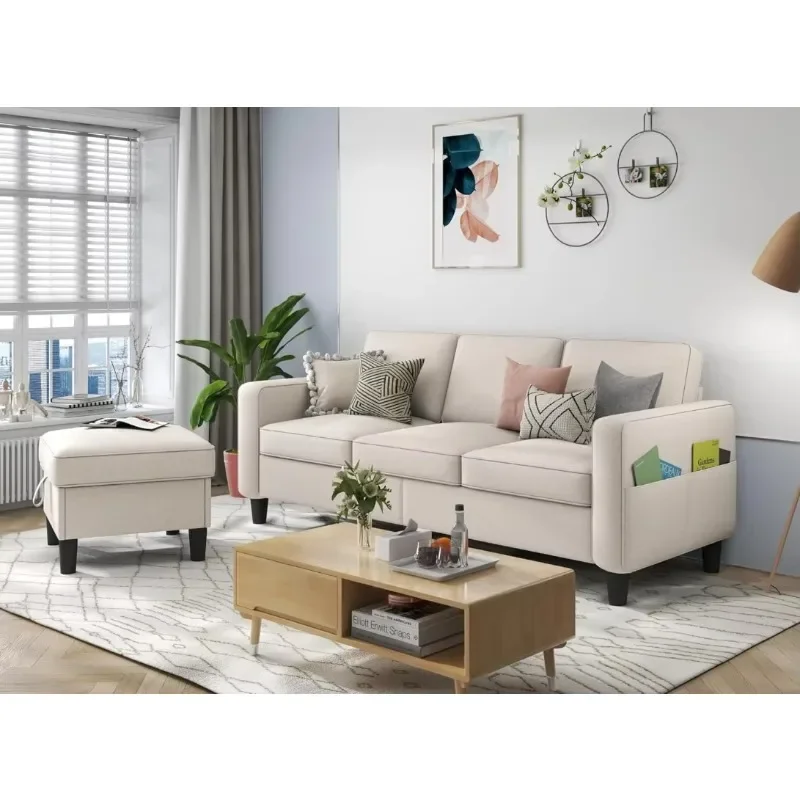 Sectional Couches for Living Room: L Shaped Couch with Storage Ottoman - Beige Sofa 3 Seater Furniture Set