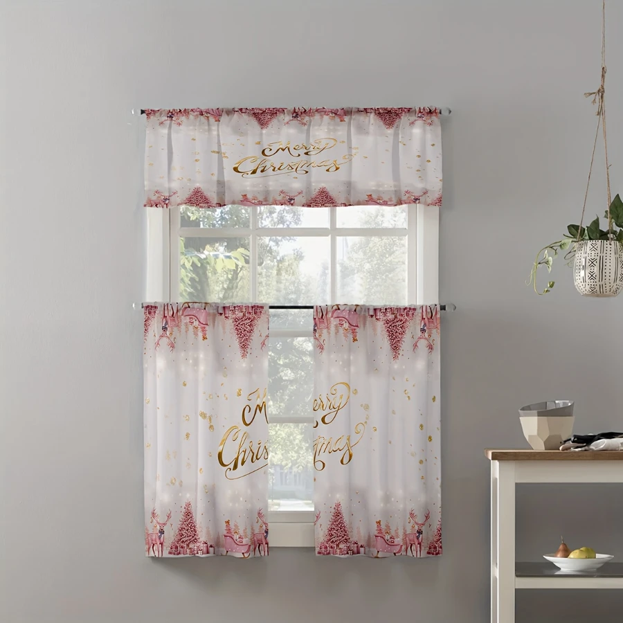  Pink Christmas Tree Print Kitchen Curtain, Merry Christmas Holiday Decor Rod Pocket Window Curtains for Kitchen