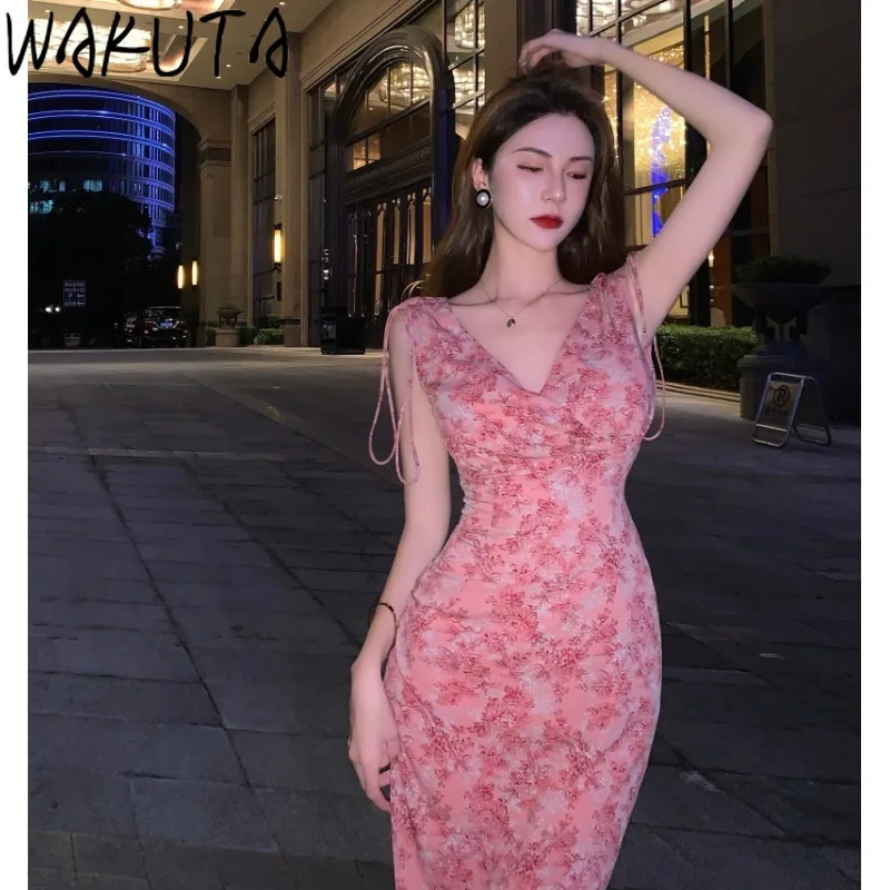 WAKUTA Floral Dress Women Elegant Bodycon Sleeveless V-neck Long Dresses Vintage Backless Robe Korean Chic Sweet Vestidos Mujer