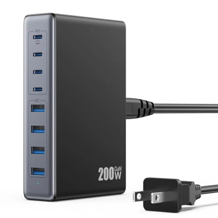 

Зарядное устройство USB-C 200W GaN IV, зарядная станция с 8 портами, быстрая зарядка QC4.0, адаптер для ноутбука с поддержкой PD 65W, черный цвет, для M