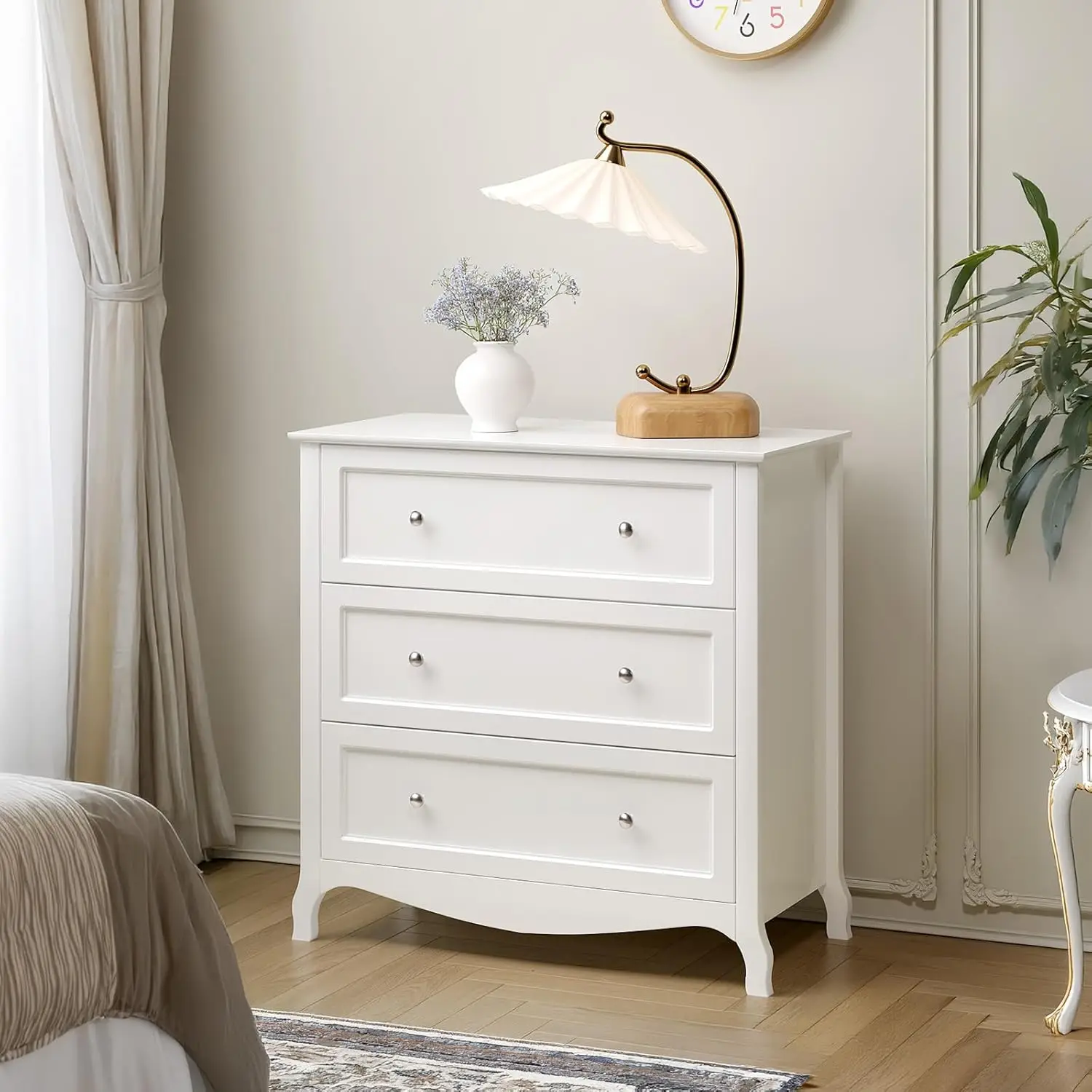 31.5' White Wooden Nightstand with 3 Drawers
