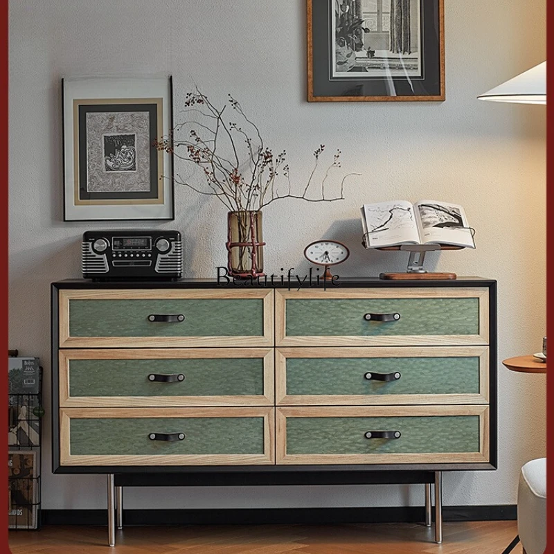 

Light sandalwood antique solid wood bedroom bedside locker against the wall storage cabinet