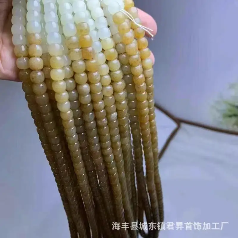 Hetian Jade With Gradient Color, 6X7Mm Vintage-Style Buddhist Beads, Excellent Translucency, Suitable Bracelet And Long