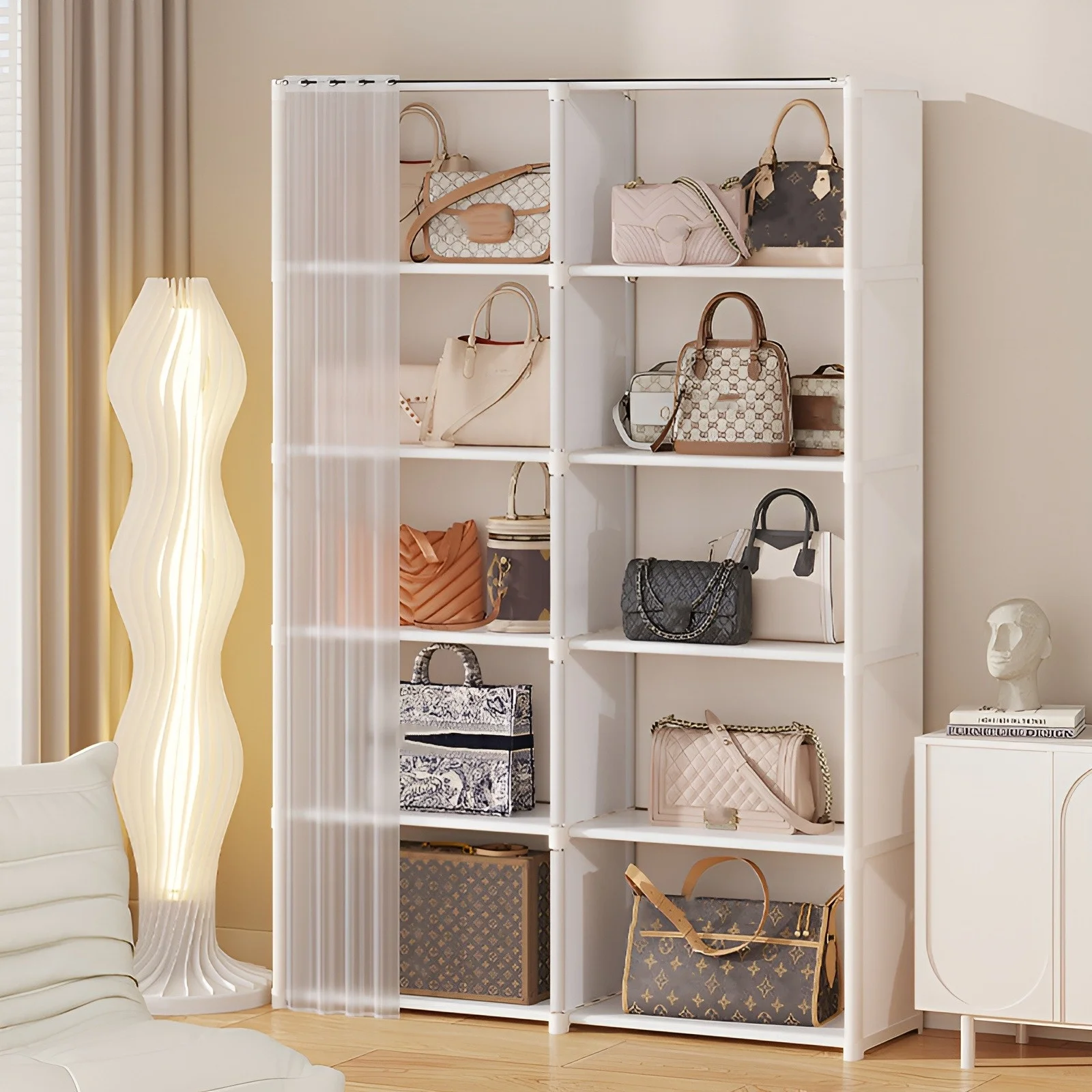 6 Tier Double Row Wardrobe Closet, Large Capacity Dustproof Storage Rack Organizer with Curtain for Quilts, Clothing, Blankets image 2