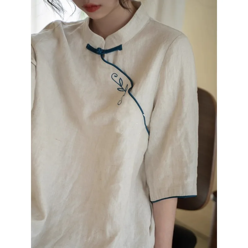 Summer New Chinese Style Women's Long Dress Retro Cotton and Linen Loose Embroidery Half-sleeved Long Skirt Cheongsam Dresses - Image 2