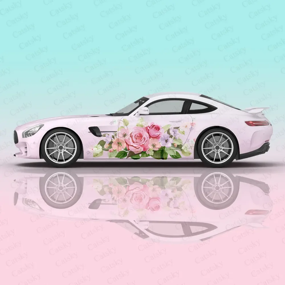 Beauty Rose Women Racing Car Graphic Decal Full Body Vinyl Wrap Modern Design Vector Image Wrap Sticker Decorative Car Decal