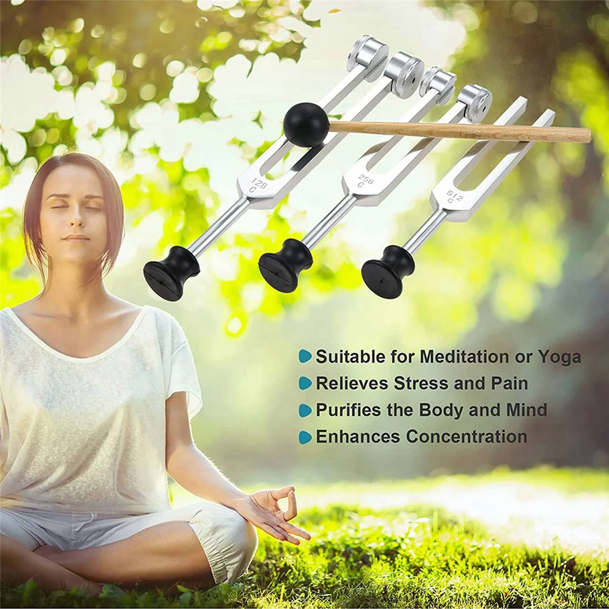 مجموعة شوكة ضبط مكونة من 8 قطع من ABGN (128 هرتز، 256 هرتز، 512 هرتز) مع مطرقة شوكة ضبط لأداة اهتزاز الصوت مع قاعدة، فضي