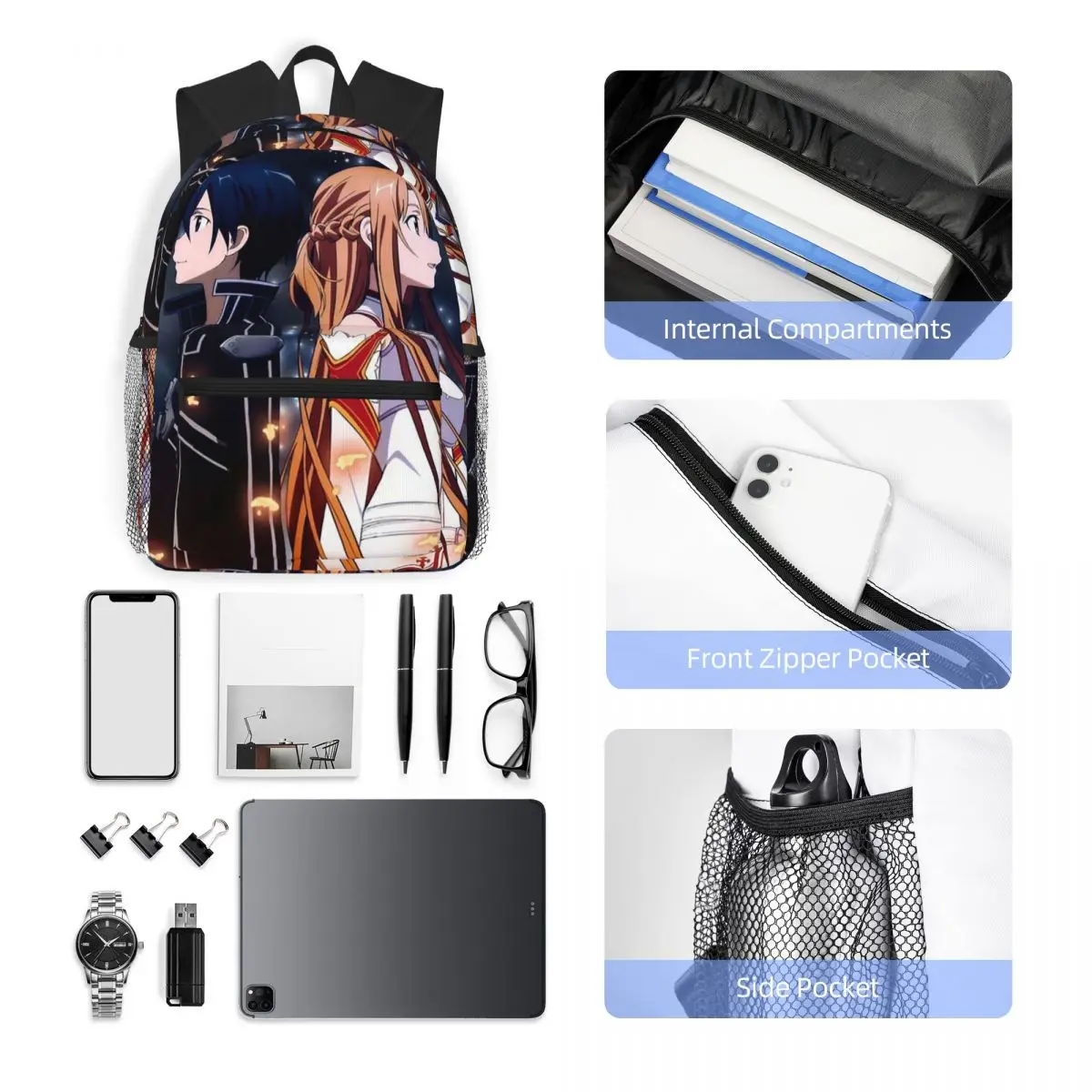 حقيبة ظهر للطلاب من Sword Art Online Kirito and Asuna حقيبة مدرسية للمشي لمسافات طويلة والسفر حقيبة نهارية للرجال والنساء حقيبة كتب عصرية حقائب كتف