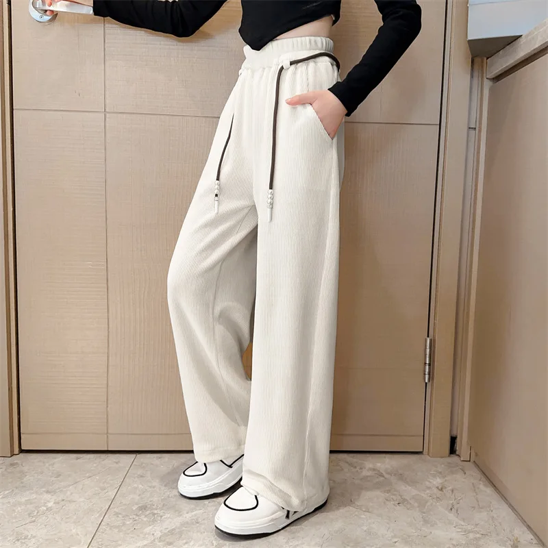 

Casual Teenager Girls Long Pants Solid Autumn Simple Daily Drawstring Drapped Children Trouser Loose Kids Wide Leg Straight Pant