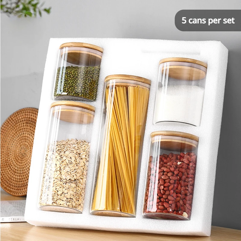 5-Piece Glass Jar Set with Pearl Cotton Box for Kitchen Seasonings Grains Tea Dried Fruits Storage High Borosilicate Sealed Jar