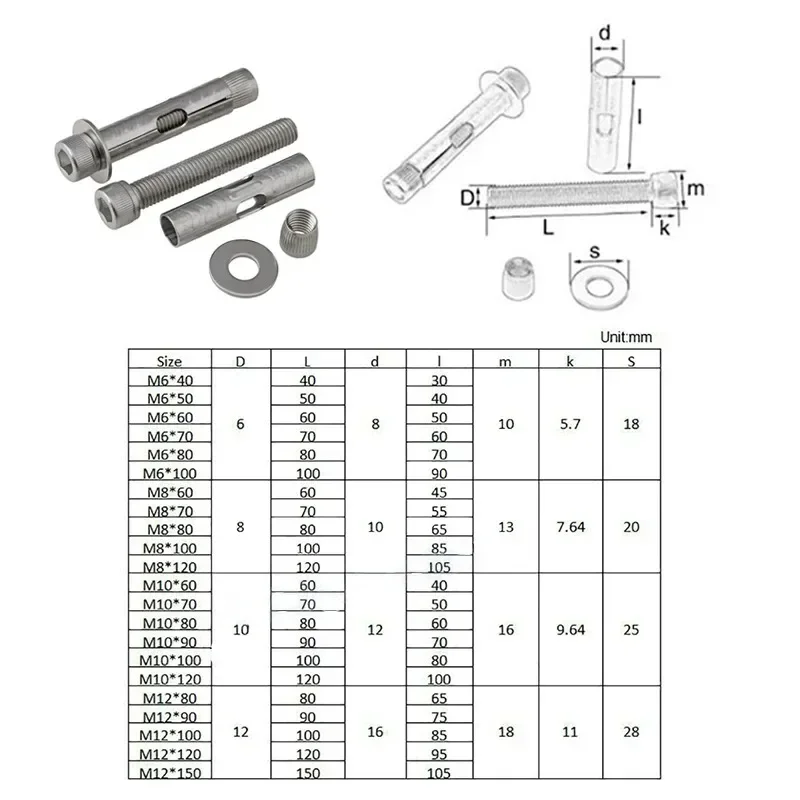 304 Stainless Steel Hexagon Hex Socket Head Built-in Expansion Screws M6 M8 M10 M12 Implosion Expansion Concrete Anchor Bolt