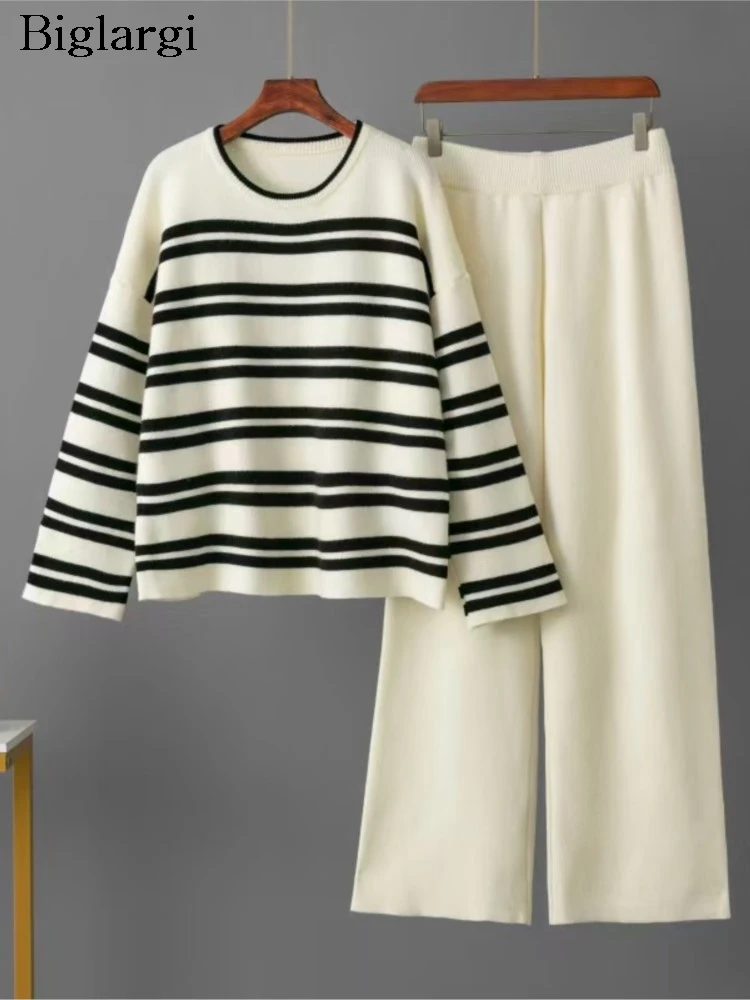 

Вязаный корейский стиль, осенний комплект из двух предметов, женский полосатый принт Modis, повседневный свободный женский пуловер, свитера, широкие женские брюки