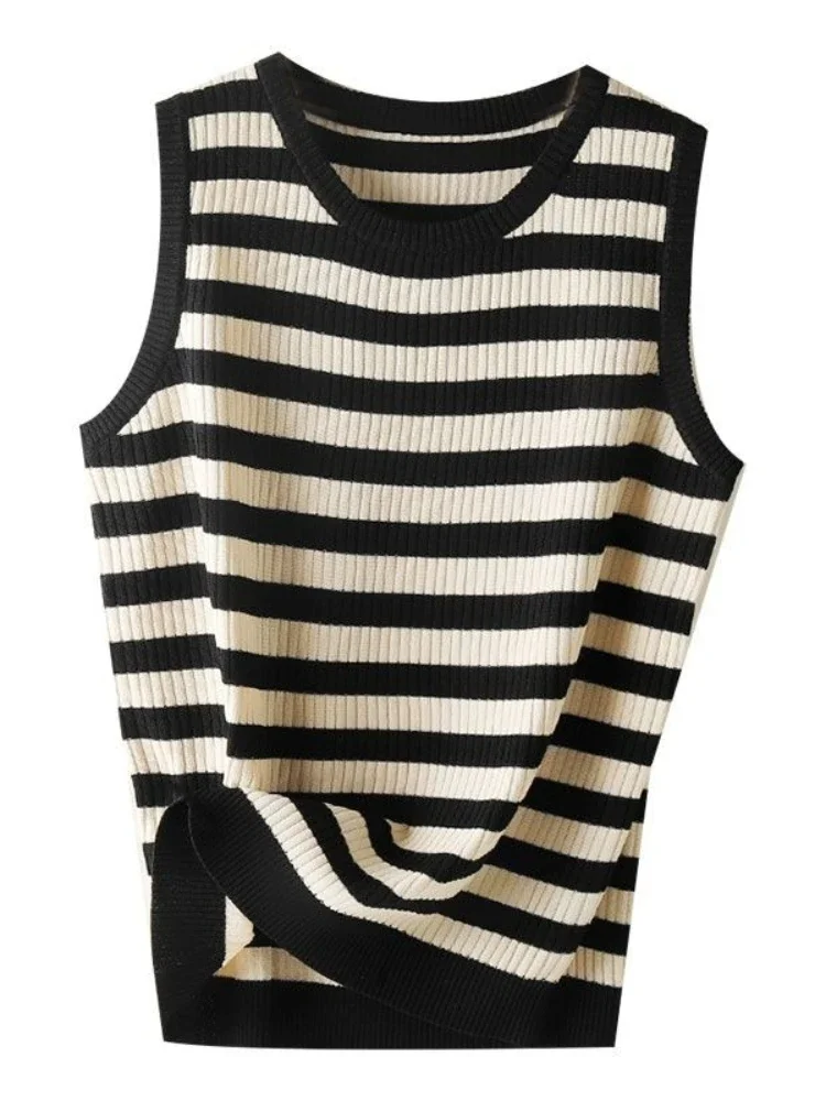 ストライプタンクソフトトップ女性の夏の服装タイトでセクシーなタンクトップニットボトムシャツとアウターウェア用ノースリーブトップ2025