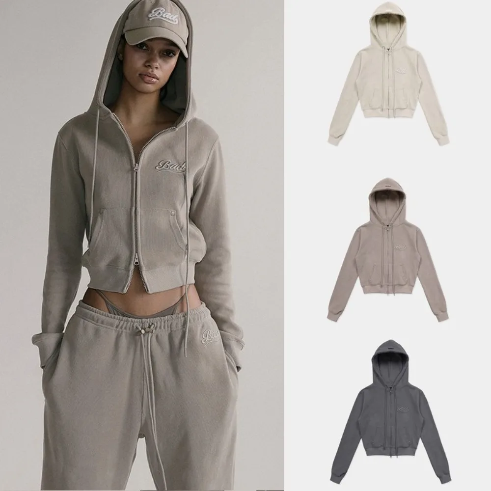 badblood bcac Cropped Zip Up Hoodie Long Sleeve Letter Embroidery Sweatshirt Drawstring Pocket Casual Streetwear Short Jacket