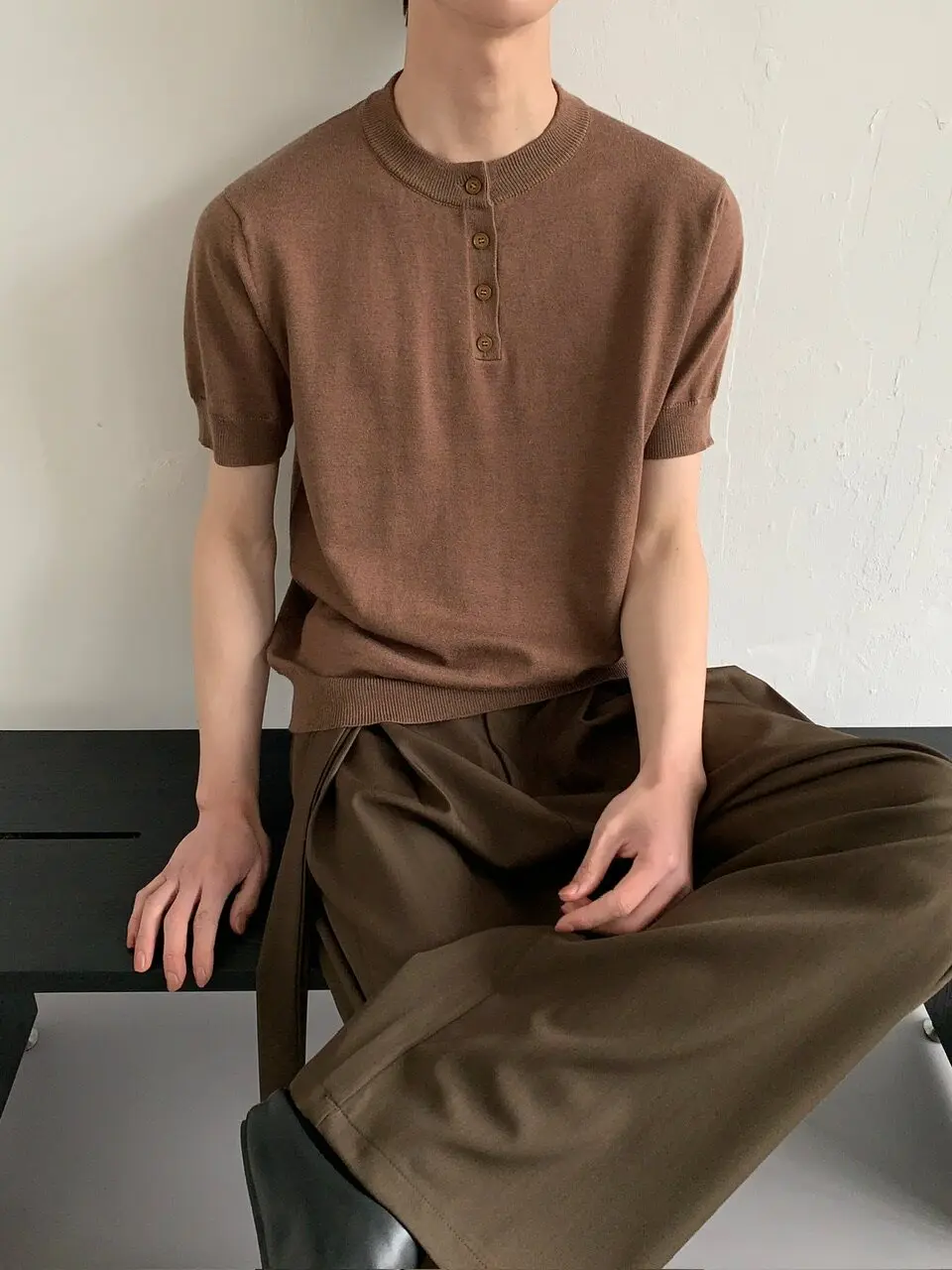 Men's 2026 Summer New Knitted Short Sleeve Tops Men's Fashion Half Sleeve T-Shirts Male Solid Color Button Decoration Chic Tees