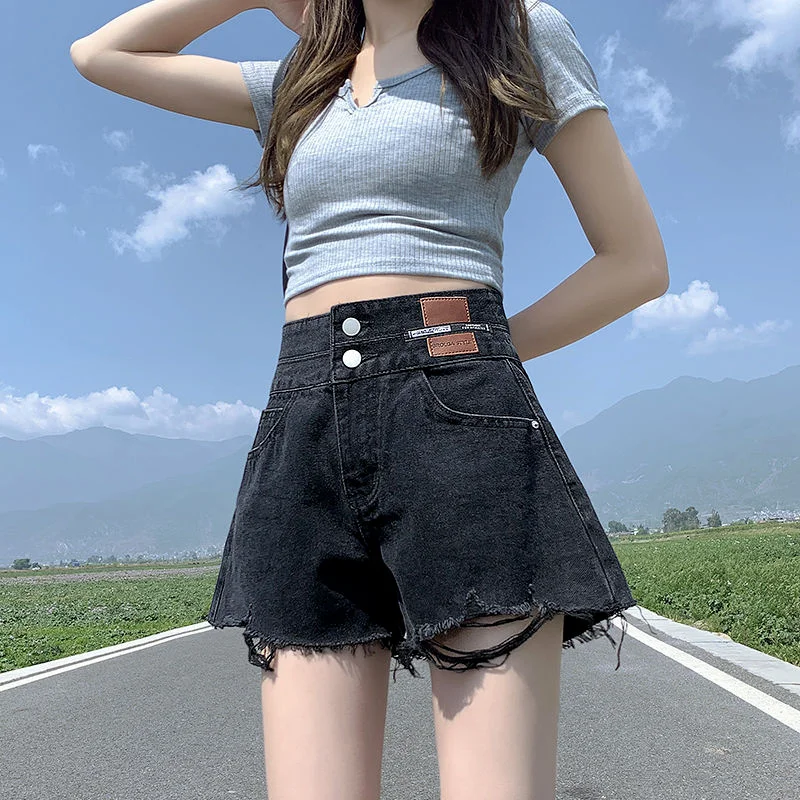 2023 New Black Shorts Women Design Korean Style All-match Fashionable Leisure Simple Denim High Waist Popular Newly Ladies Baggy