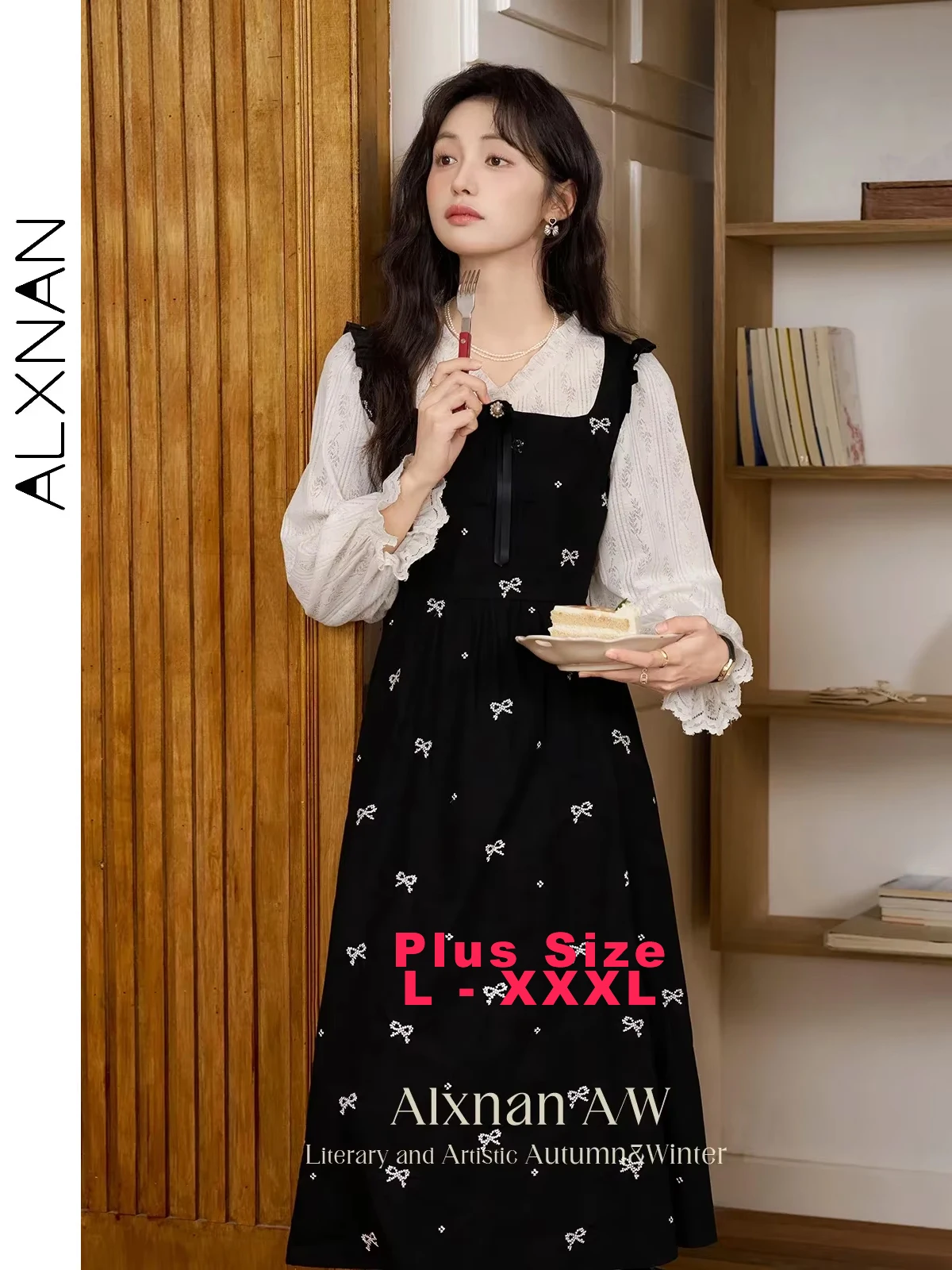 

ALXNAN Women's Plus Size 2 in 1 Dresses Agaric V-neck Lace Spliced A-line Bow Embroidery Ruffled Sleeve Fall Winter Dress D06919