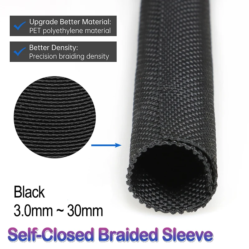 2/5/10M Self Closed PET Braid Cable Sleeve Black 3mm - 30mm Loom Split Tube Auto Line Management Wire Wrap Protection Organiser