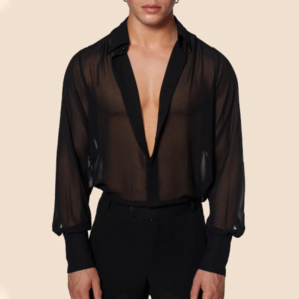 

Mens Y2k Thin Sexy See-Through Long-Sleeved Shirt 2024 Summer New Fashion Nightclub Home Breathable Personalized Top For Men