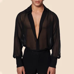 Mens Y2k Thin Sexy See-Through Long-Sleeved Shirt 2024 Summer New Fashion Nightclub Home Breathable Personalized Top For Men