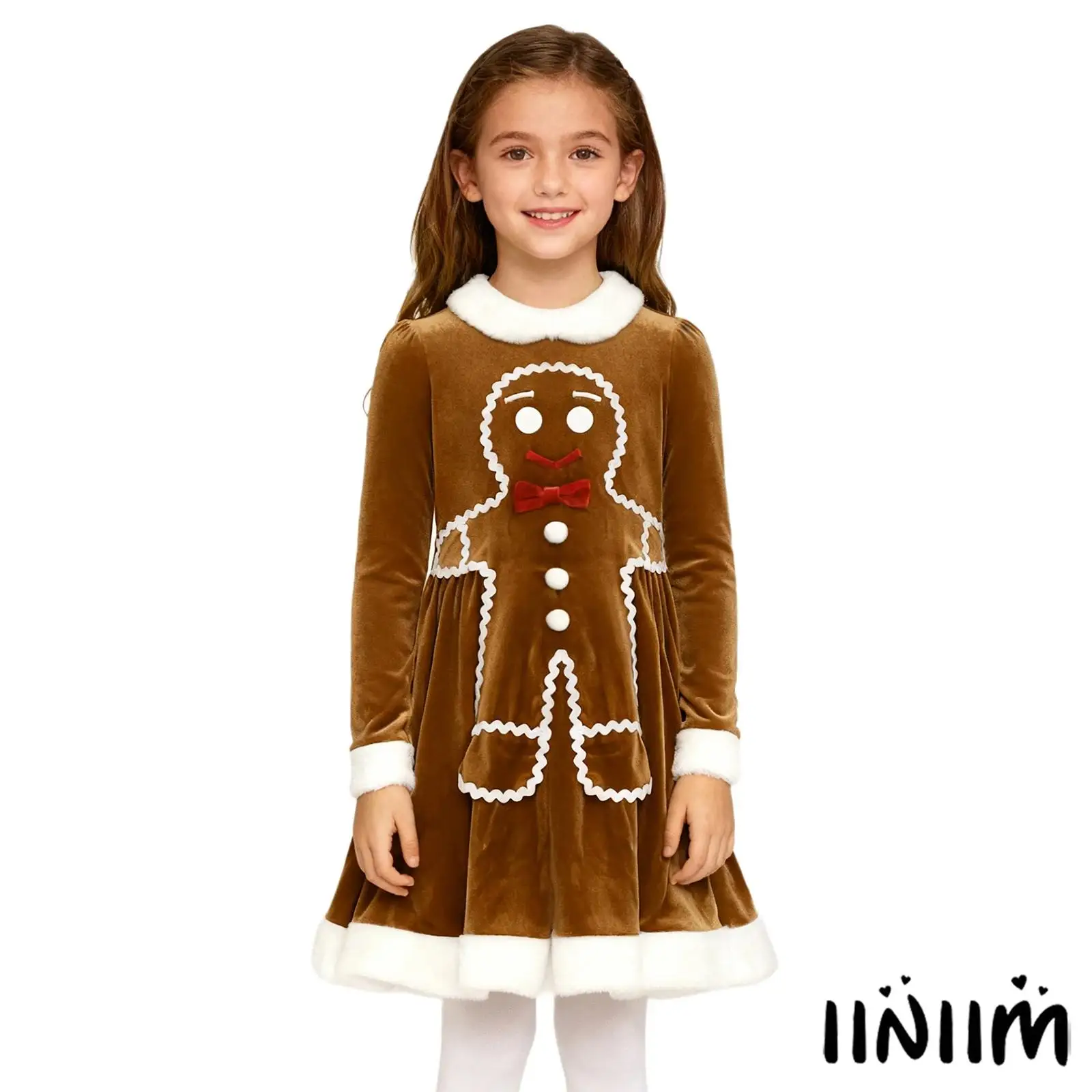 

Kids Girls Christmas Gingerbread Man Costumes Long Sleeve Ginger Bread Pattern Christmas Dress for Xmas Parties Family Gathering