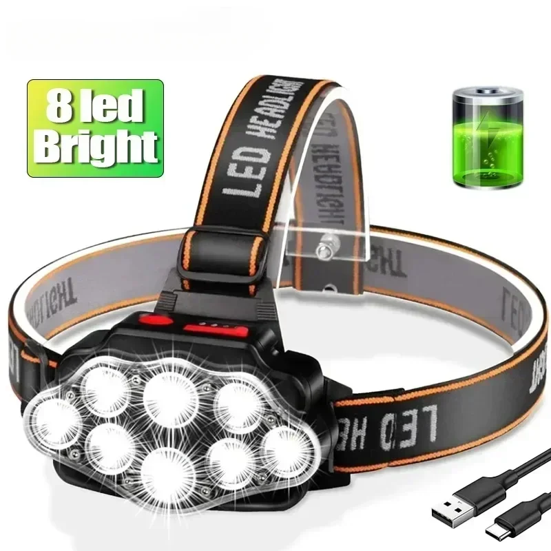 

USB Rechargeable Headlamp High Lumen Bright Head Lamp with 8 LED Headlight 4 Mode IPX4 Waterproof Head Flashlight Head Light