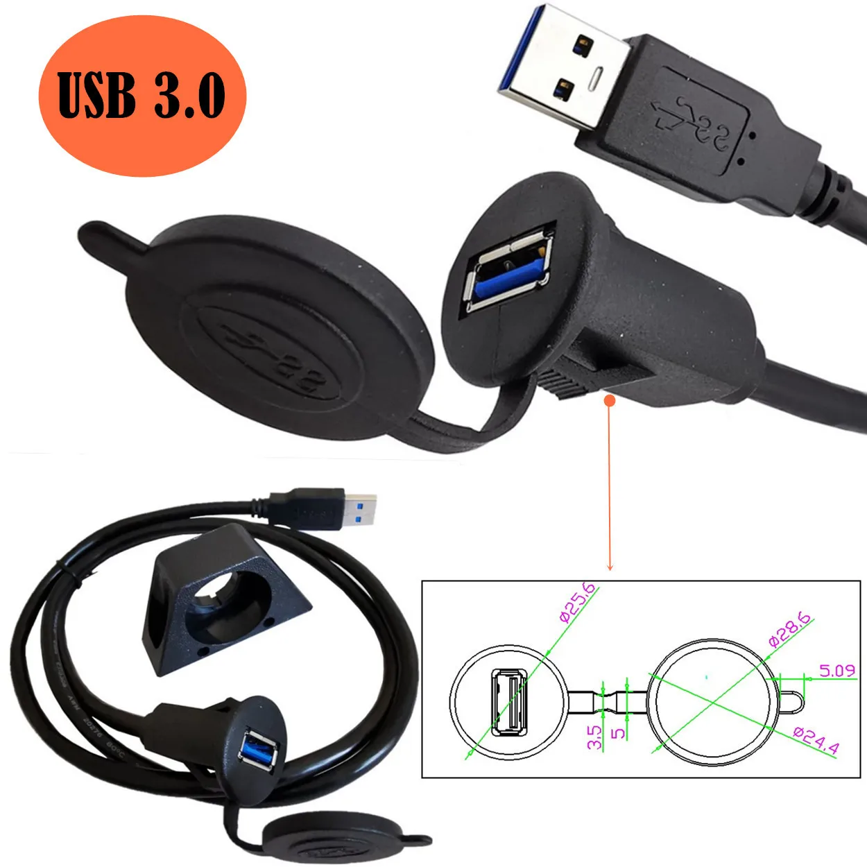 USB3.0 Flush Mount Cable,  USB Male to Female Car AUX Mount Flush Panel Extension Cable for Car Truck Boat Motorcycle Dashboard