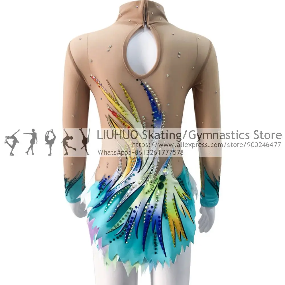 Artistics Gymnastics Leotards Girls Long Sleeve Blue Print Glitter Diamond Competition Performance Training Wear