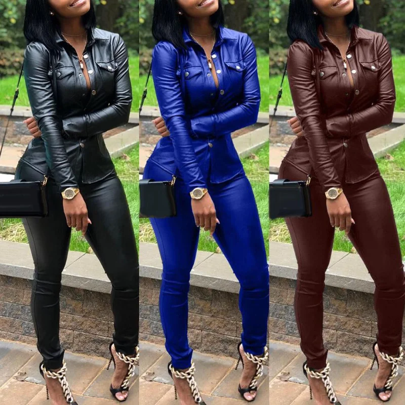 

5 color S-XXXL Winter Overalls PU Leather shirt+Pencil pant tracksuit fashion sexy women set two pieces Jumpsuit casual Outfits