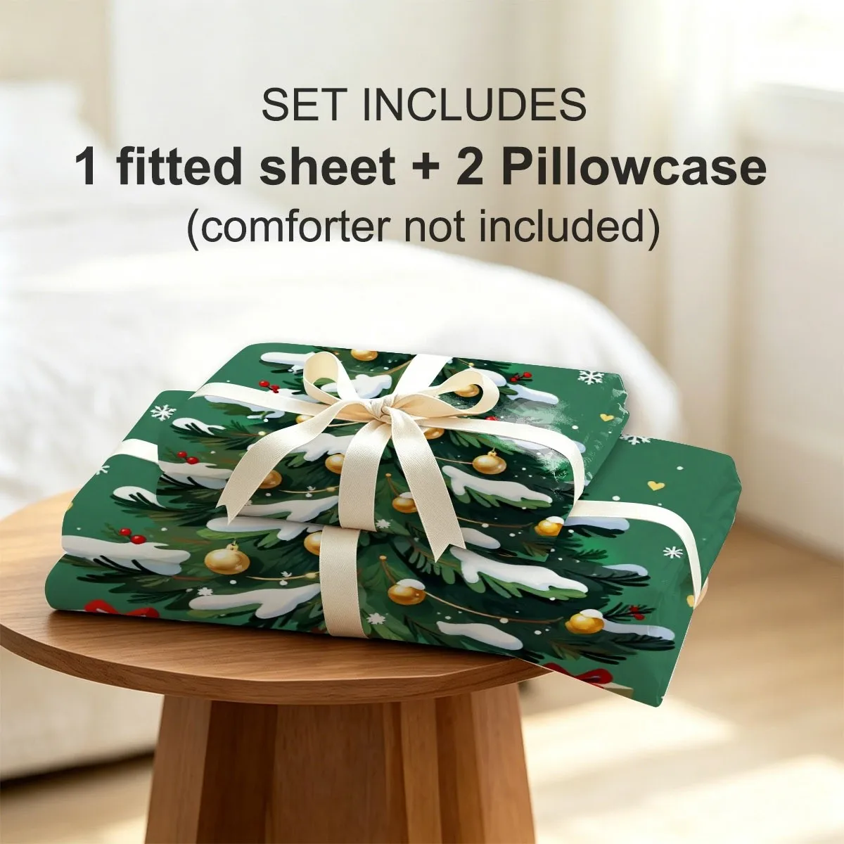 Holiday Snow Scene Christmas Tree Golden Christmas Balls Red Berries 2D Digital Print Three-Piece Bedding Set (Includes 1 Fitted Sheet + 2 Pillowcases) 3-Piece Set, Large Deep Pocket 2D Printed Fitted Sheet and 2 Pillowcases Bedding Mattress Protector Fitted Sheet Style Elastic Cover Protector Mattress Protector, Machine Washable Design Holiday Decoration Various Sizes Breathable Protector Plus Pillowcase