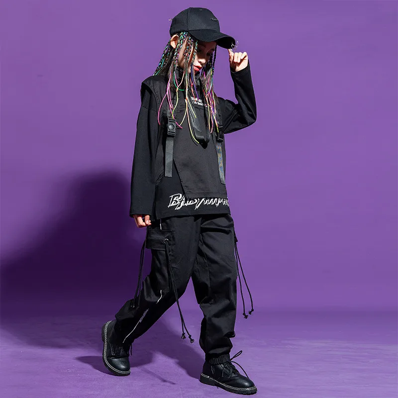 Teen Boy Hip Hop Clothes High Collar Vest Cargo Pants Sweatshirt Outfits Child Street Dancing Costume Kids Waistcoat Streetwear