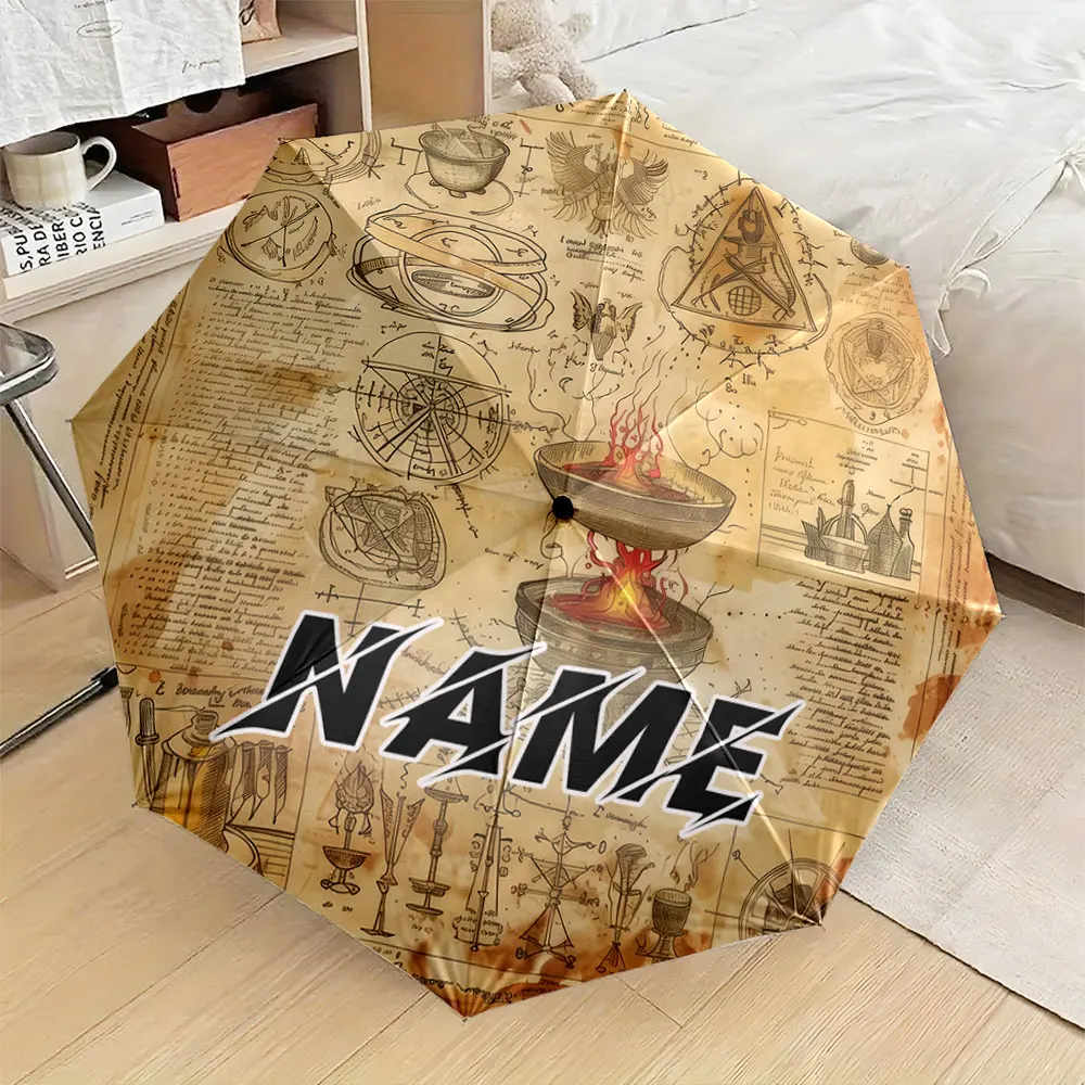 Custom Name Umbrella, Vintage Alchemy Design Umbrella - Mysterious Symbols Folding Umbrella for Sunny and Rainy,Gift