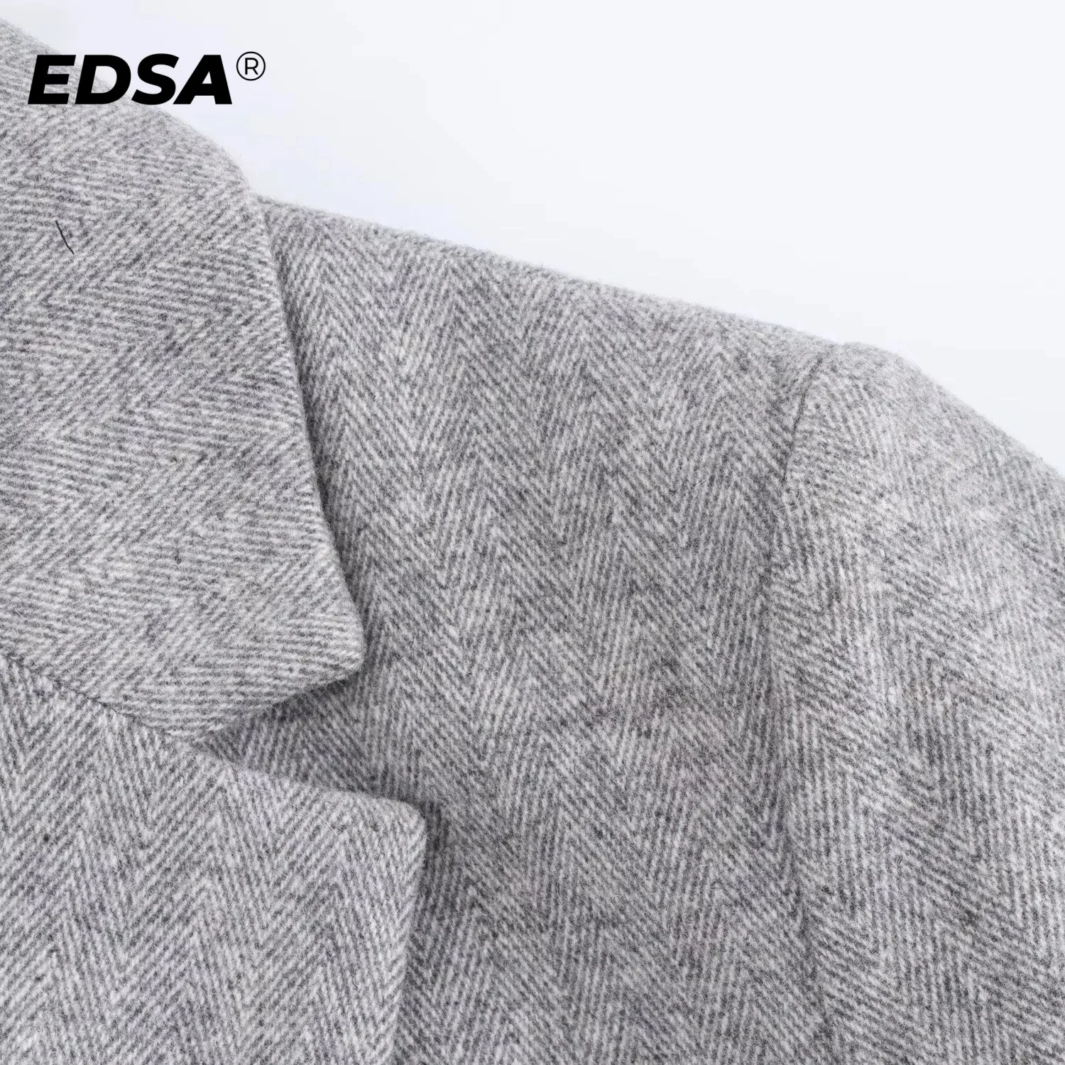 EDSA Women Herringbone Wool Blend Blazer with Flap Pockets for Office Lady Single Button Long Sleeves Jacket Outerwear