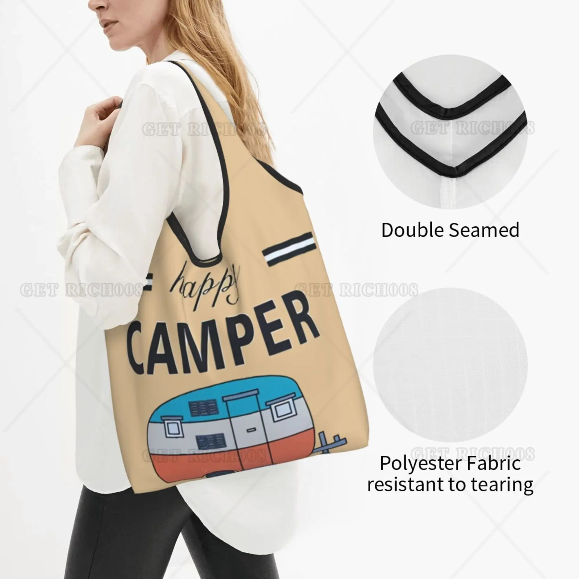 Happy Camper Shopper Bag Portable Shopping Bag Women Men Bag Recyclable Grocery Bags Tote Bag Eco Bag No Zipper