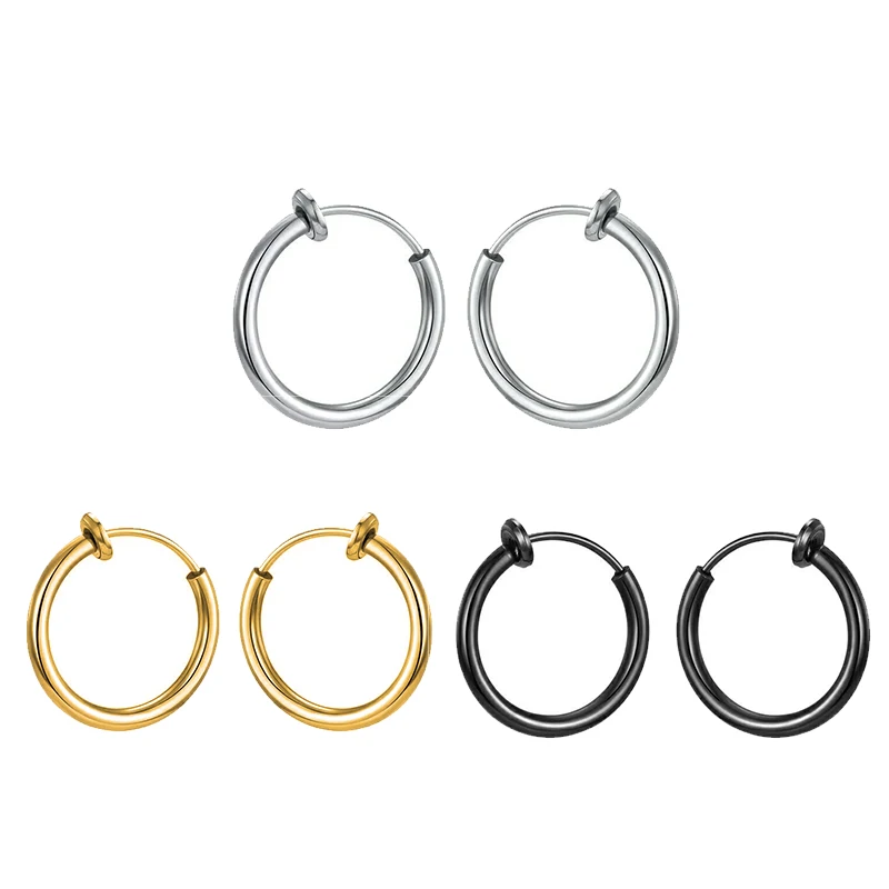 Non-Piercing Hoop Earrings Spring Ear Clip Fake Ear Hoops for Men and Women, Stainless Steel Clip on Earings 2.0*8/10mm