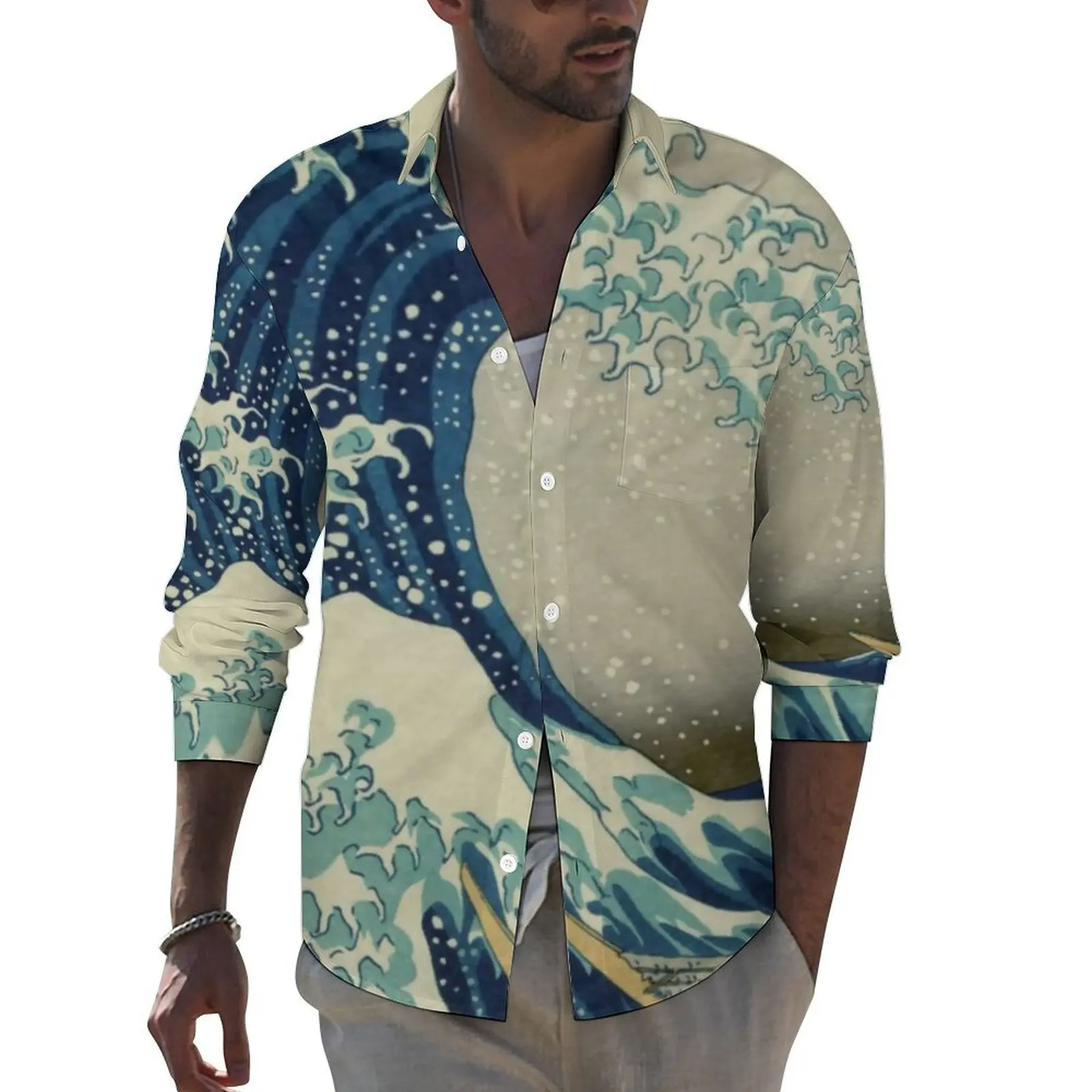 Mountains Street Casual Shirt Man The Great Wave Off Kanagawa Shirt Spring Cool Blouses Long Sleeve Custom Oversized Tops