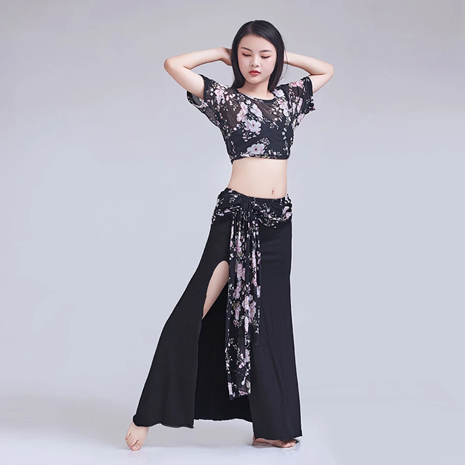 Belly Dance Practice Clothes Summer Practice Suits Large Size Slimming Performance Costume Set Oriental Dance Mesh Practice Suit