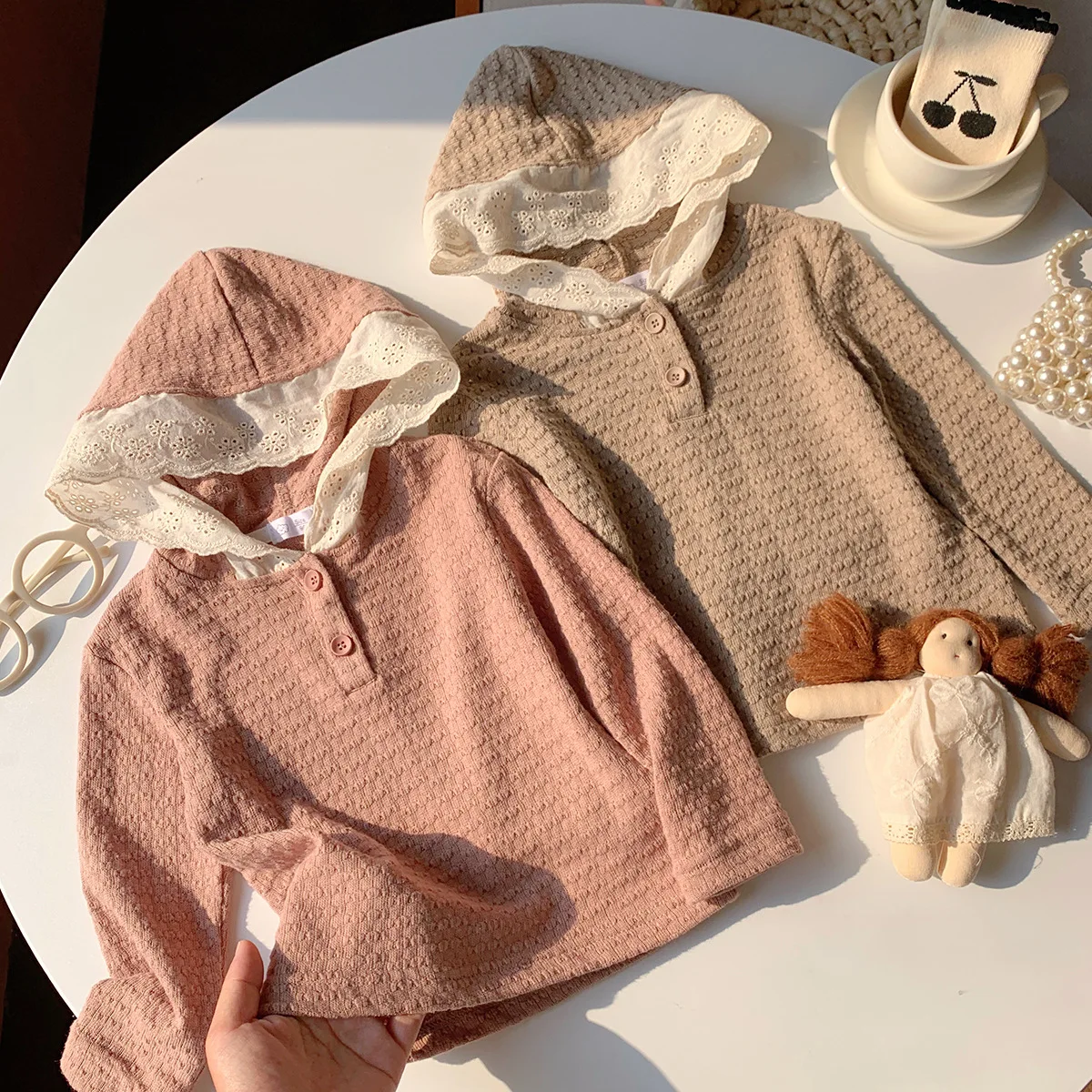 Girls Knit Pullover Spring Autumn Jacquard Hooded Knit Lace Trim Soft Medium Small Kids Sweater Korean Jacket