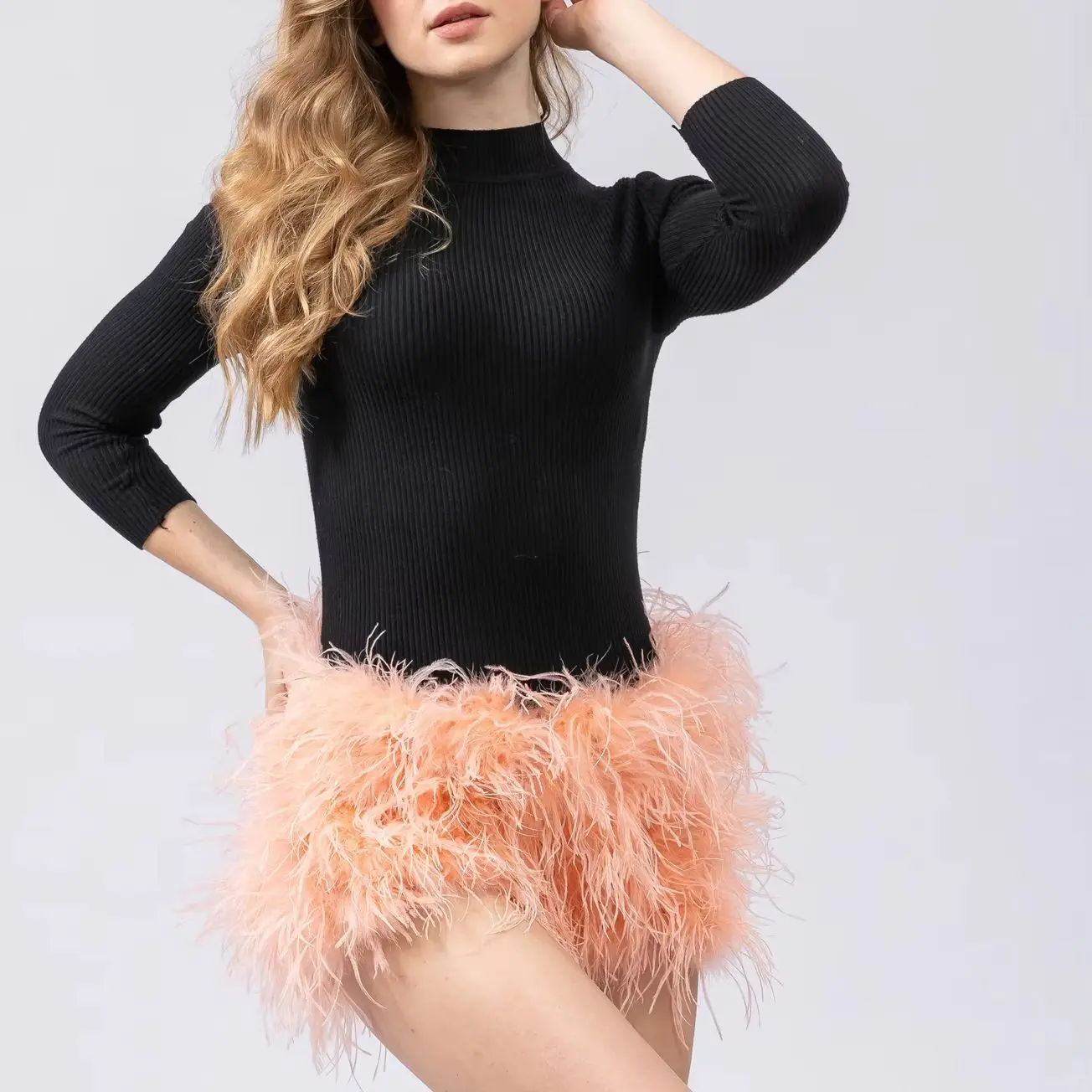 Natural Ostrich Feather Shorts, Peach Furry, Chic, Luxurious Mini Shorts, Outdoor Summer Pants, Fashion, 2024, B230409