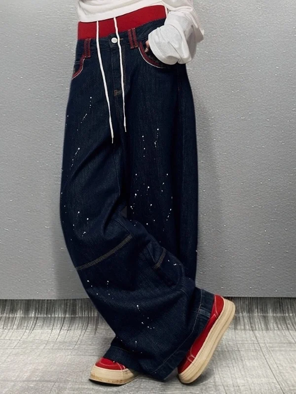 

Faionable High Waist Wide Leg Denim Pants Women's Splaed Ink Dot Print ket Cartoon Print Casual Versatile Jeans